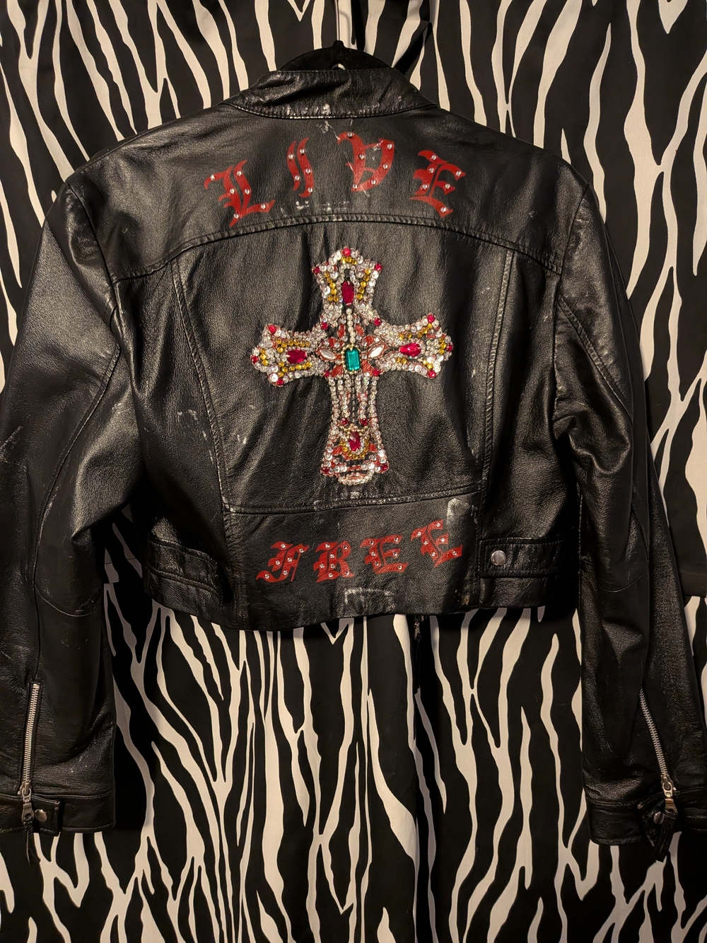 Vintage Wilsons Leather Jacket Women's L Black Embellished Rhinestone Cross